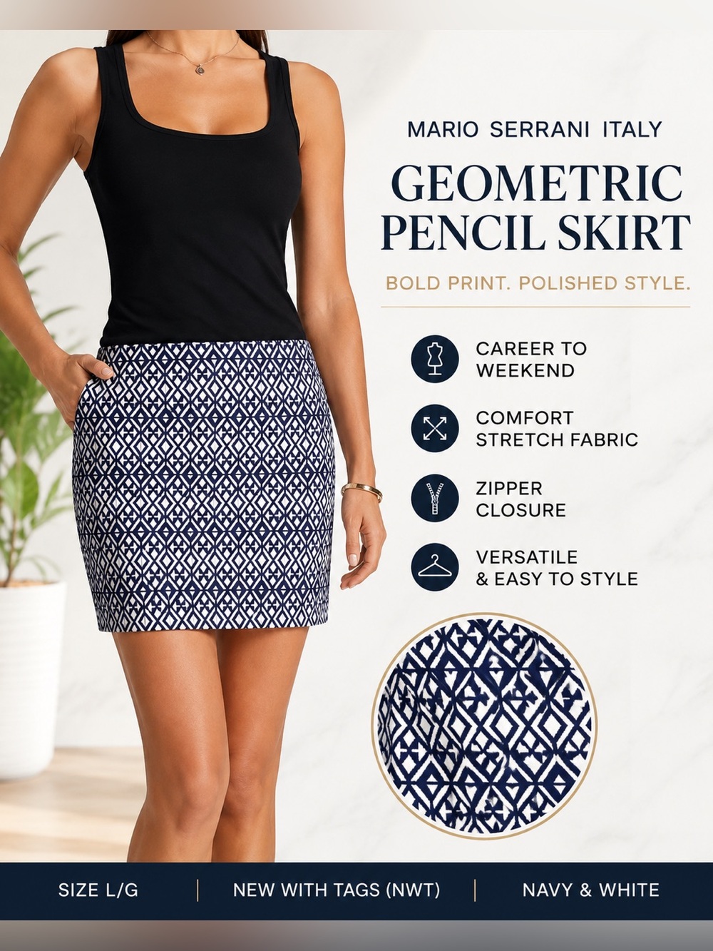 NWT Mario Serrani Italy Navy & White Geometric Pencil Skirt Size Large Career